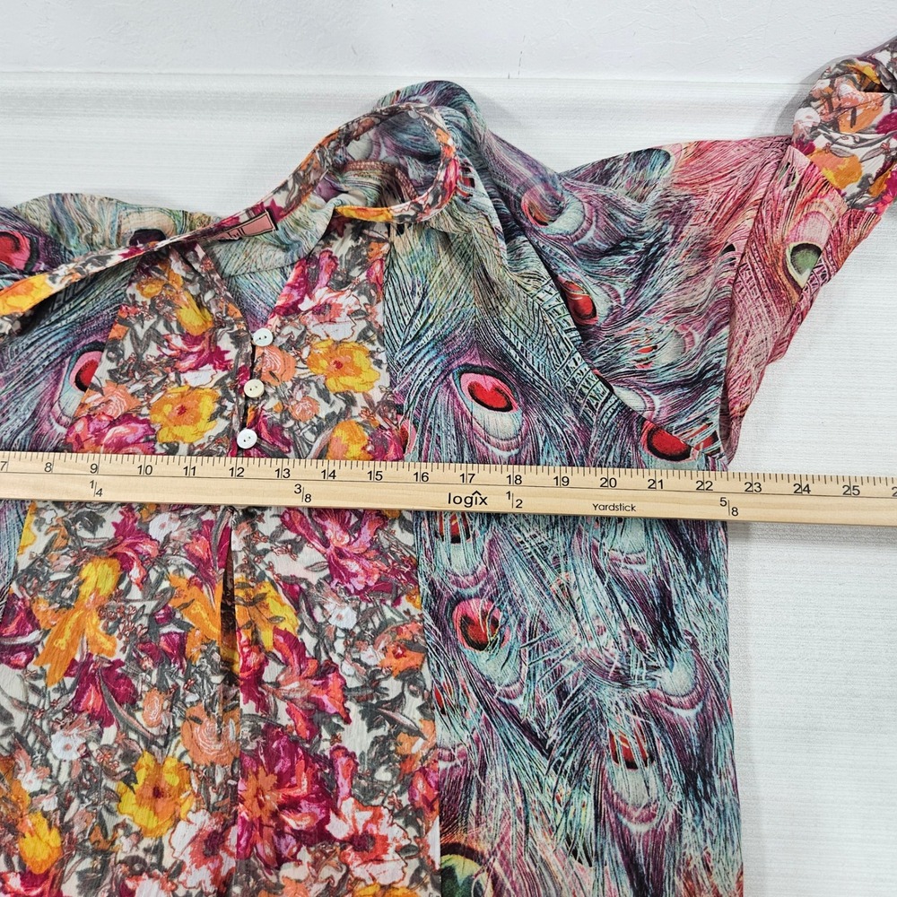 Olive Hill Womens Peacock Feather Floral Print Blouse Large hippie artsy boho - Picture 9 of 10